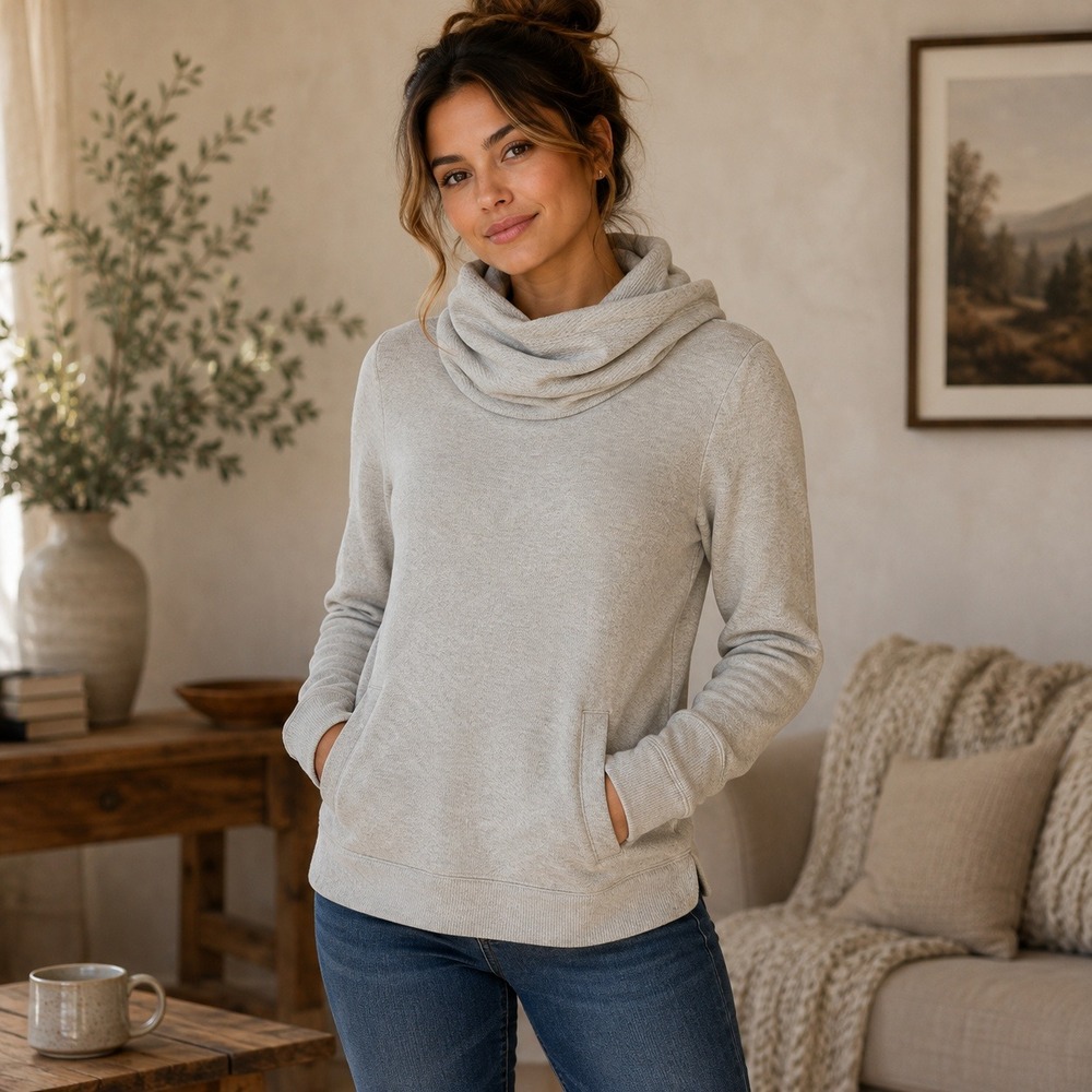 J Crew Sweatshirt Women XS Petite Oatmeal Beige Cowl Neck Coastal Grandma Preppy